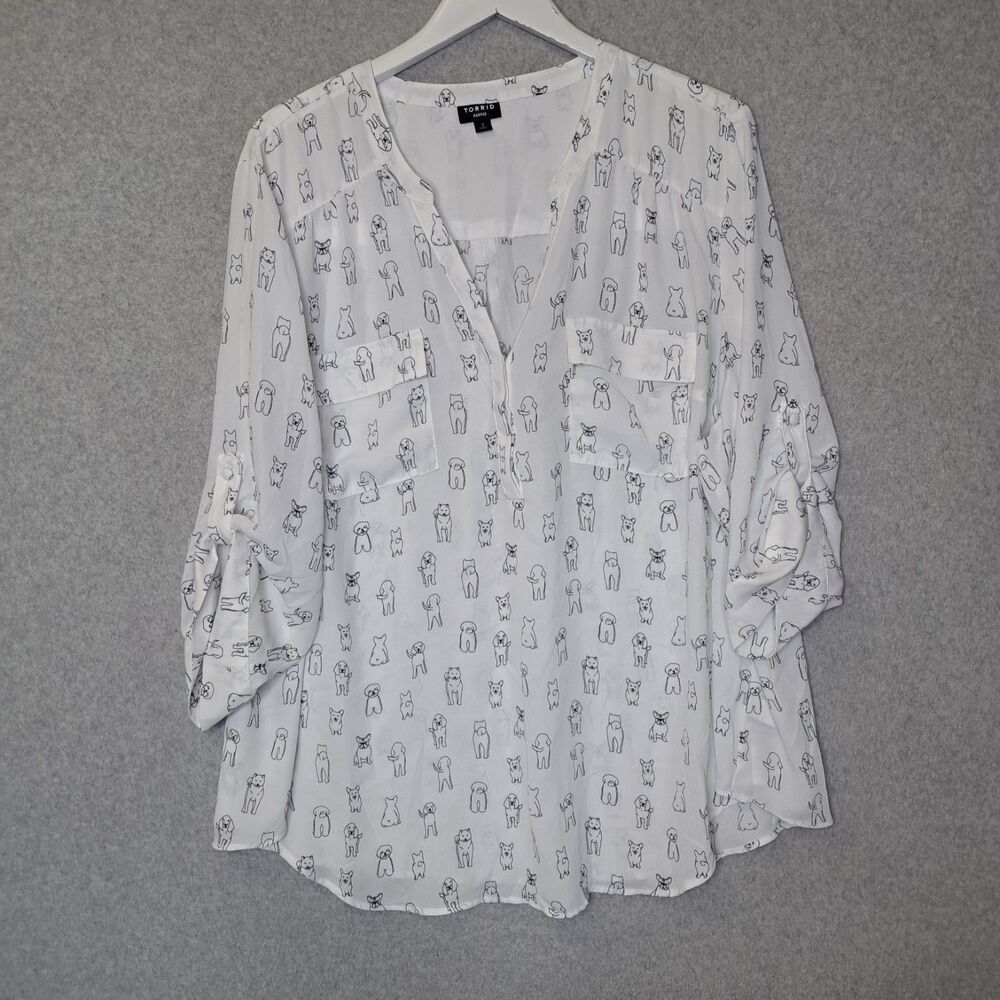 Torrid Women's 3X Shirt 3/4 Roll Tab Sleeve Harper Puppy Dog Novelty Blouse